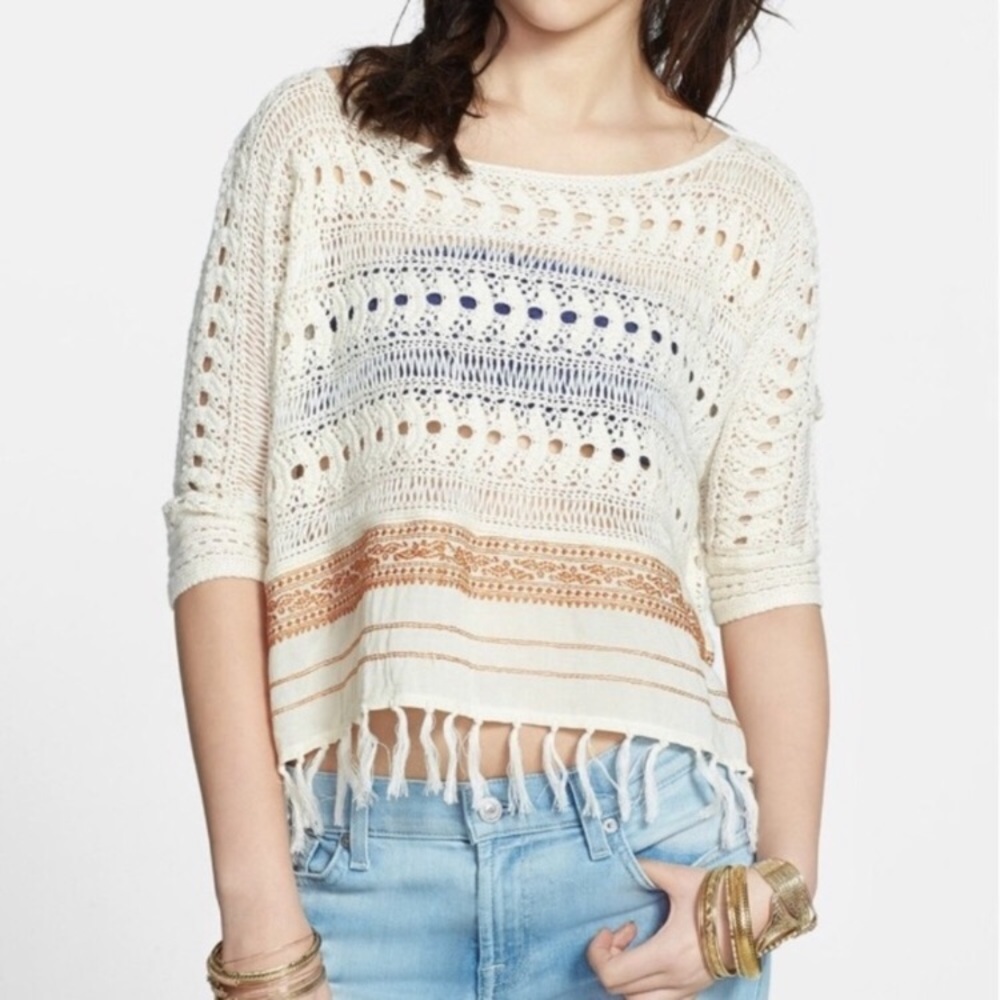 Free People Ivory Crochet Top w/ Embroidery